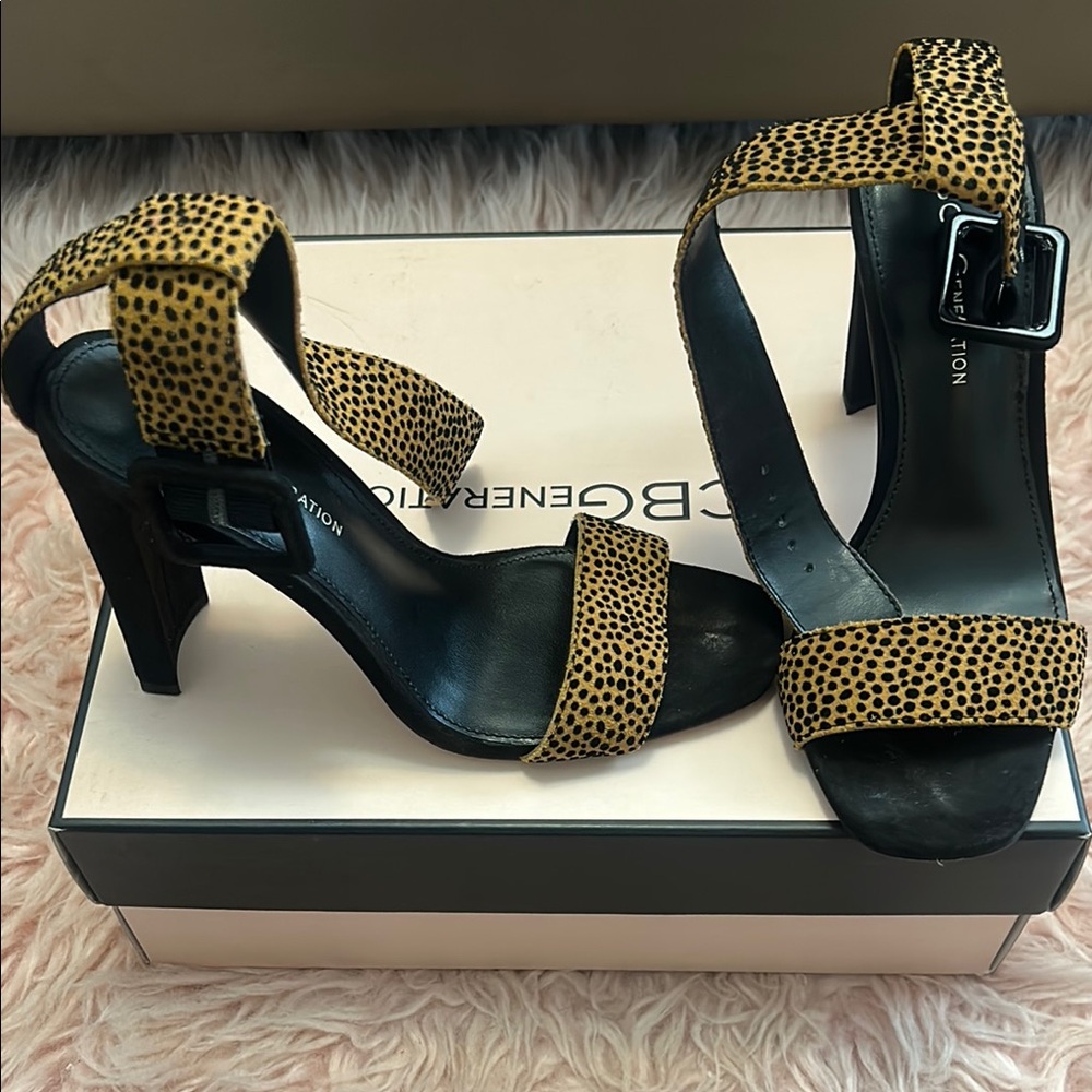 BCBGeneration Black and Tan Strappy Heels